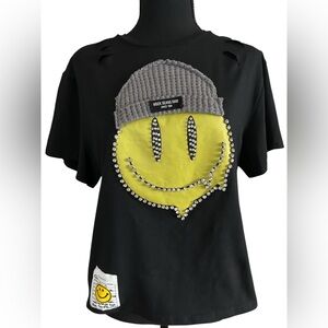 MSEK Seans Raw Black Rhinestone Smiley Graphic Tee Y2K Streetwear Size Medium